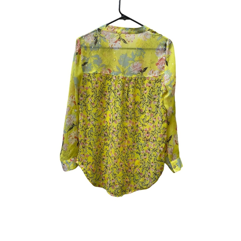 Fig & Flower neon green flowered sheer long sleeve blouse size Small - Picture 2 of 8
